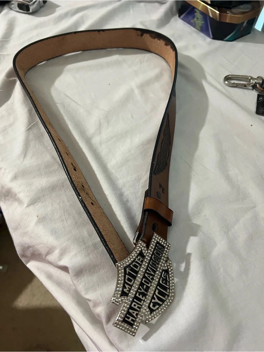 Harley-Davidson Brown Leather Belt with Crystal-Encrusted Shield Buckle